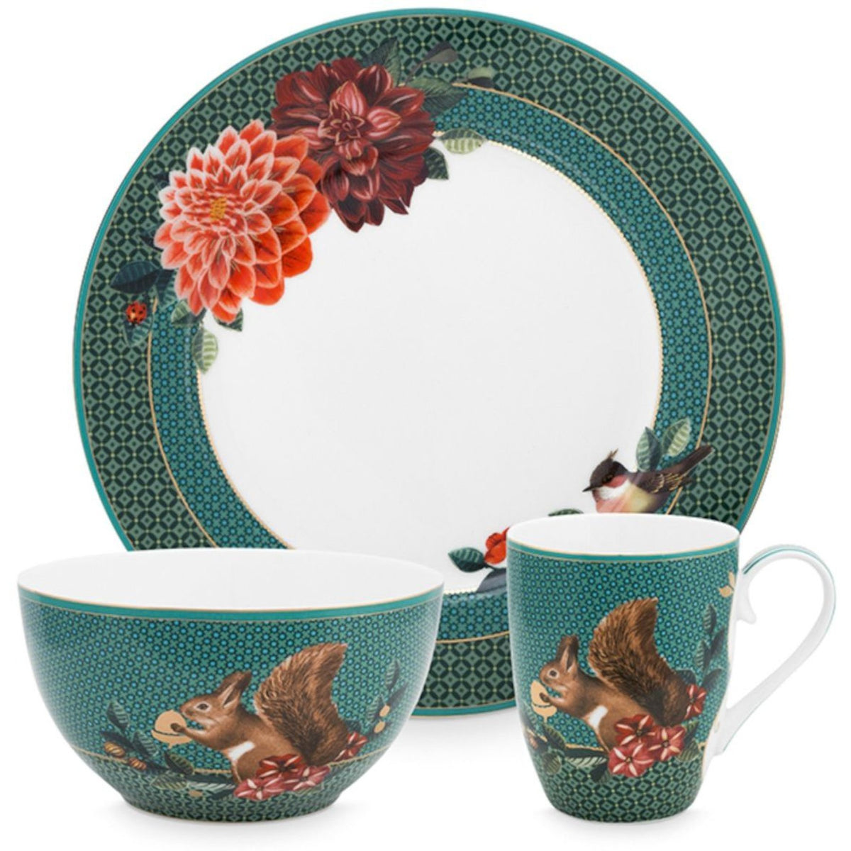 PiP Studio Winter Wonderland Frühstücks-Set 3-teilig – Porzellan - green / Teller: Ø 21 cm, Schale: Ø 15 cm, Becher: 350 ml