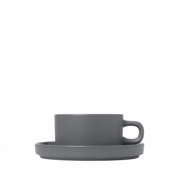 blomus PILAR Teetasse mit Untertasse – Keramik Pewter, 2er-Set