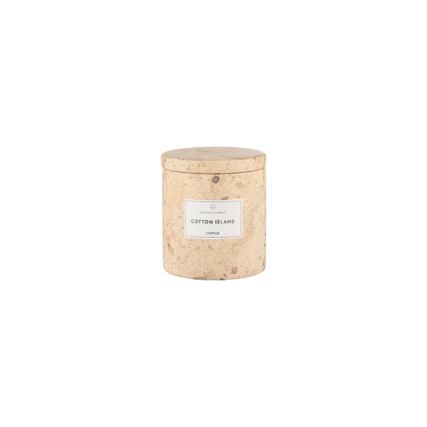 blomus FRABLI Duftkerze Cotton Island – Travertin, Soja Naturwachs