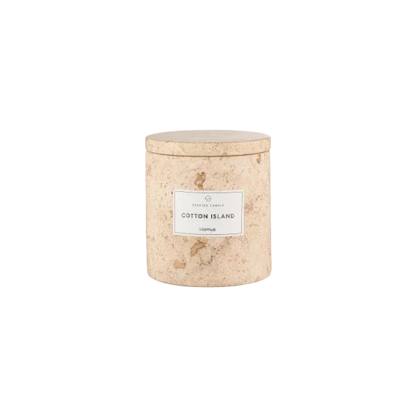 blomus FRABLI Duftkerze Cotton Island aus Travertin – Baumwolle