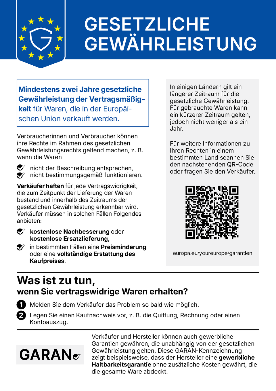 EU-Mitteilung zur gesetzlichen Gewährleistung: mindestens 2 Jahre Gewährleistung bei Waren, die nicht vertragsgemäß sind